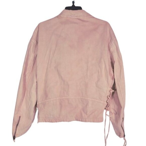 Free People Jacket Moto Washed Rose Pink Denim Lace Up Sides Belted Zippers M - Picture 3 of 4